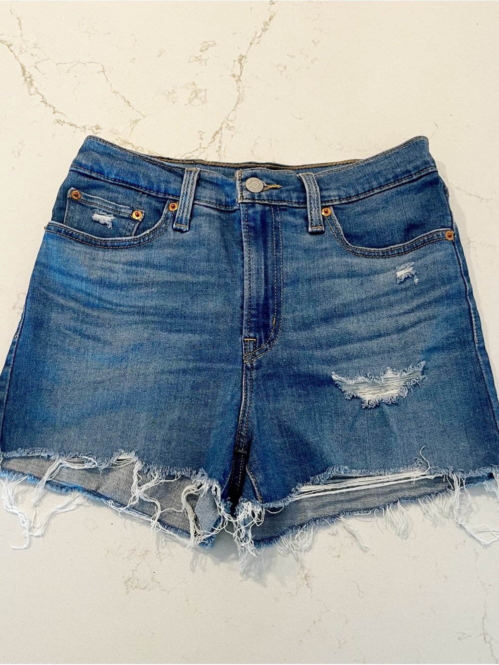 Levi's Frayed Hem Distressed Denim Shorts - Blue